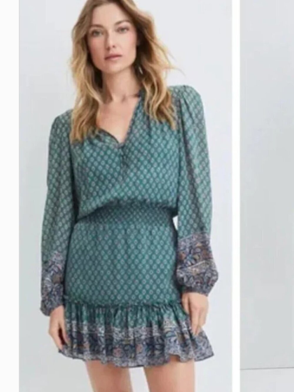 Veronica Beard Destiny Dress 100% Silk Printed Long Sleeve Mini Blouson Green 8
